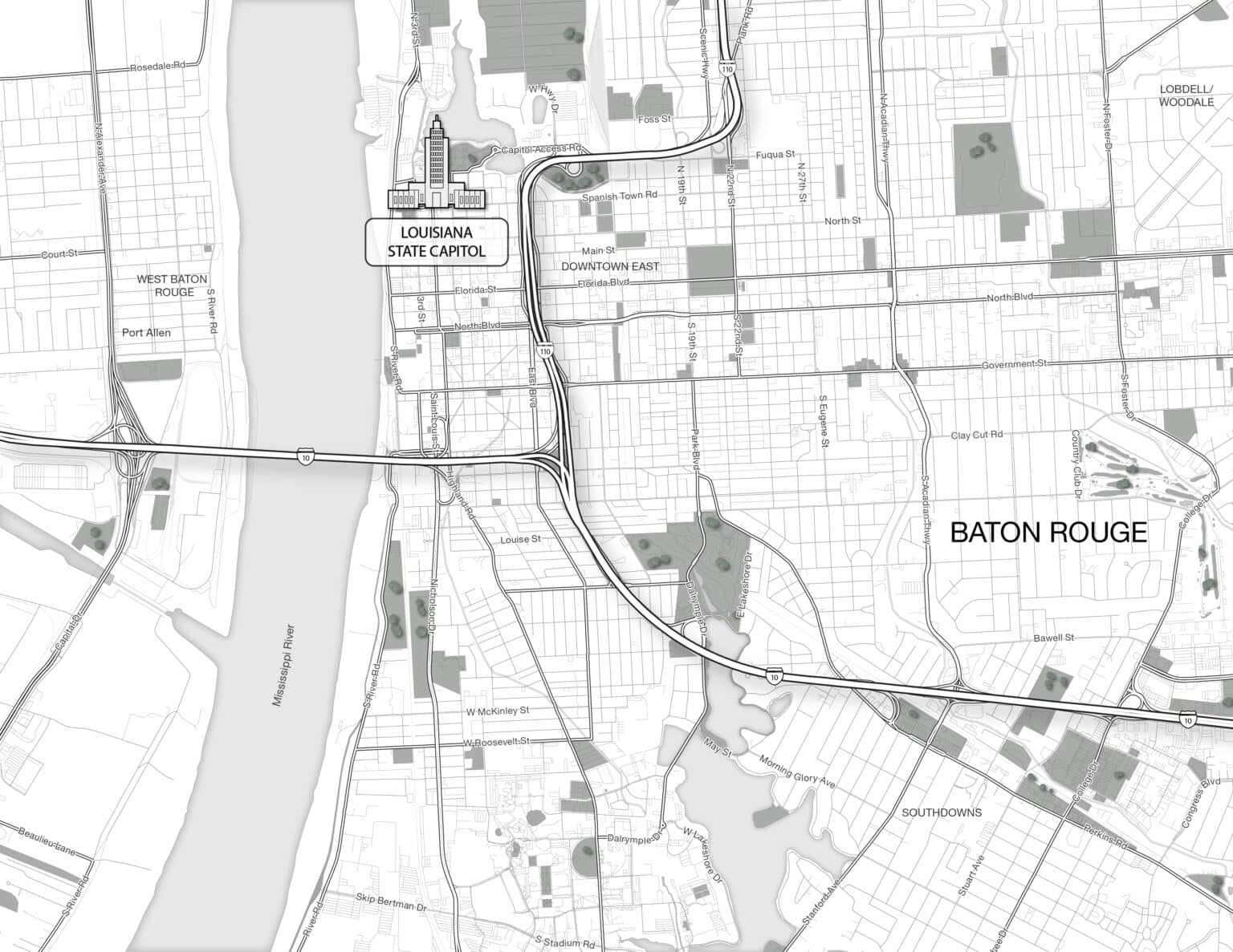 Stylish map of Baton Rouge highlighting key locations and attractions.
