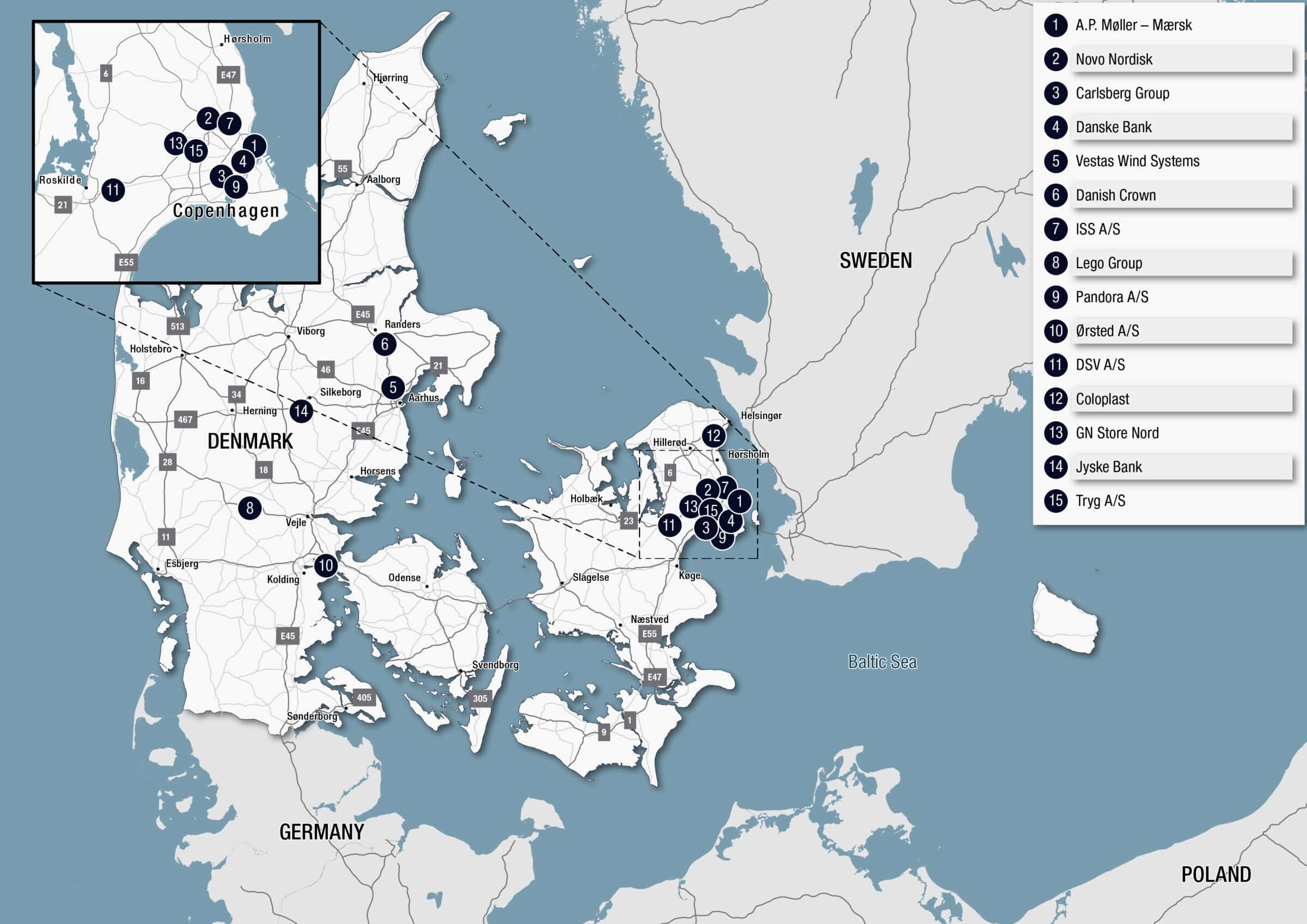 Detailed map of Denmark highlighting new geographic points and features.