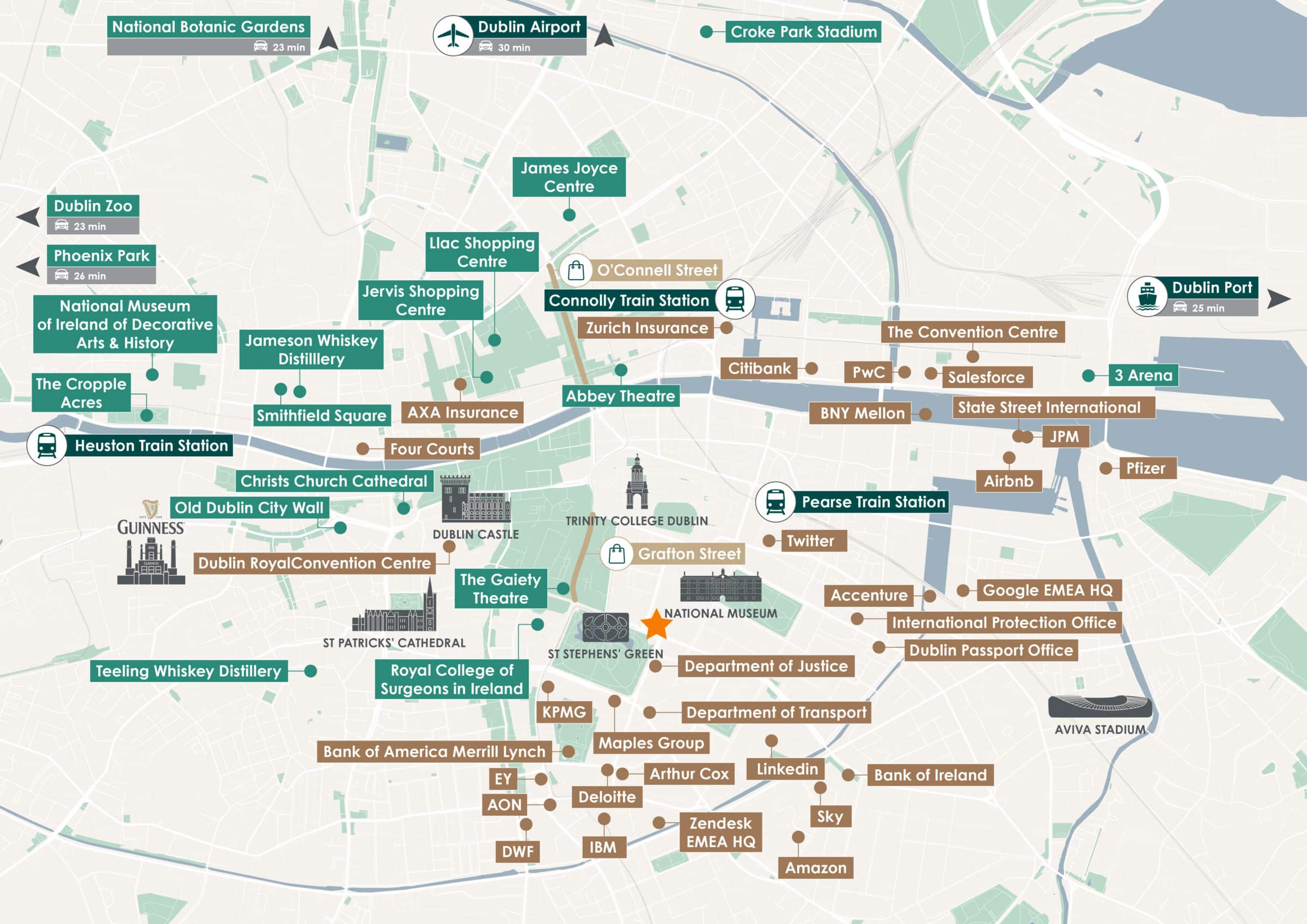 Comprehensive Dublin map showcasing landmarks, neighborhoods, and transport routes for easy exploration.