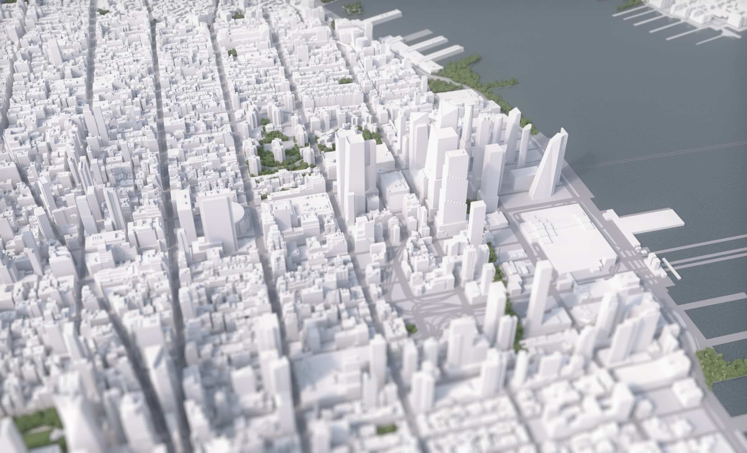 3D map of Hudson Yards, featuring iconic buildings, green spaces, and lively public areas.