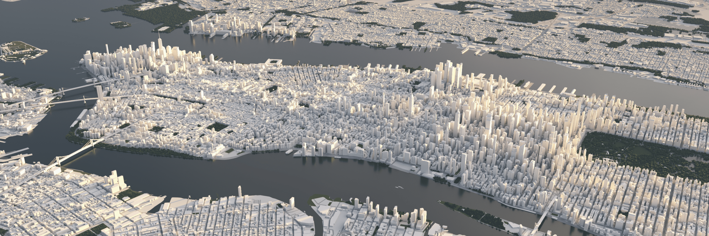 Detailed 3D aerial map of Manhattan, showcasing vibrant urban design elements.