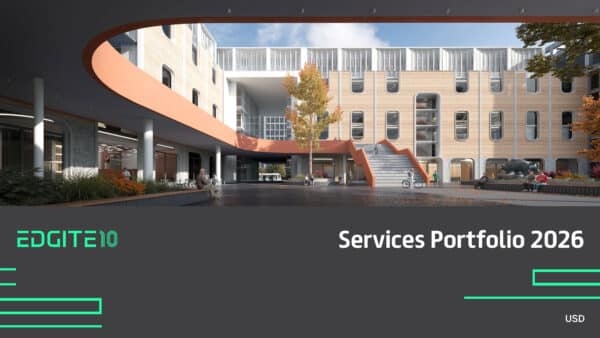 Edgite Services Portfolio 2026 cover featuring a photorealistic architectural courtyard rendering with modern facade, staircases, and public plaza activity.